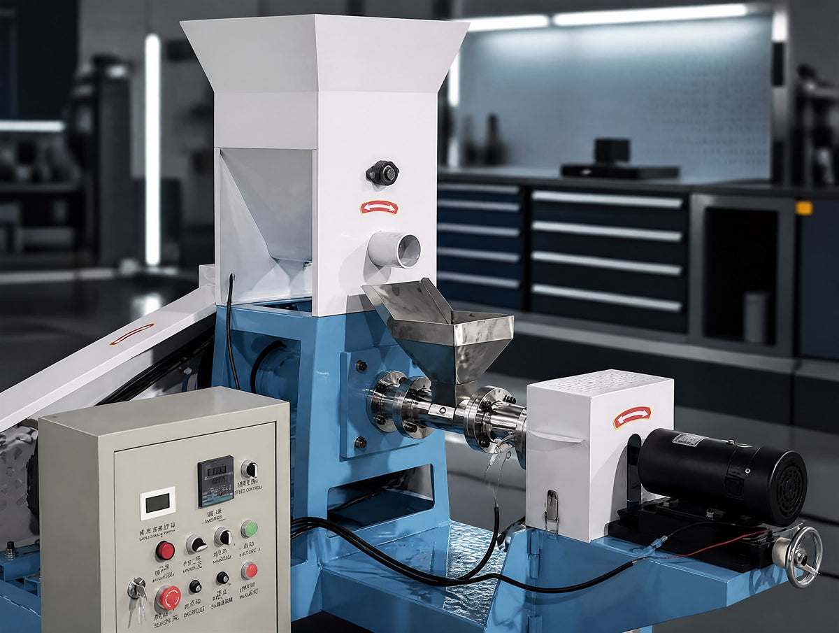 Fish feed extruder with control panel and cyclone separator