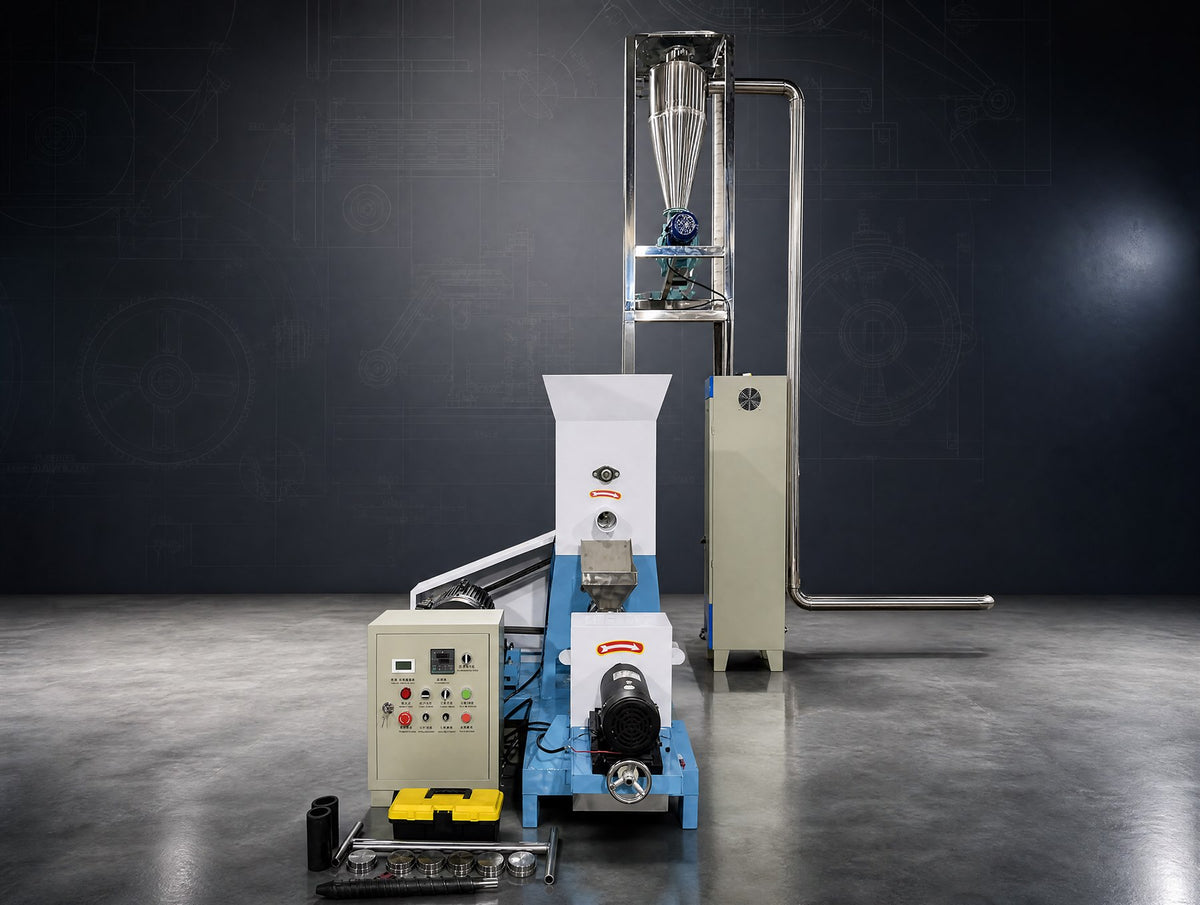 Feed equipment line with control panel and cyclone separator, full view