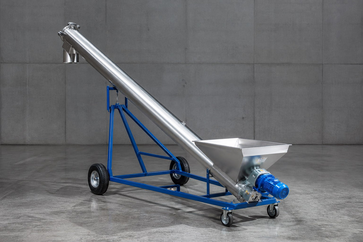 Mobile screw conveyor with loading hopper and drive motor, full view